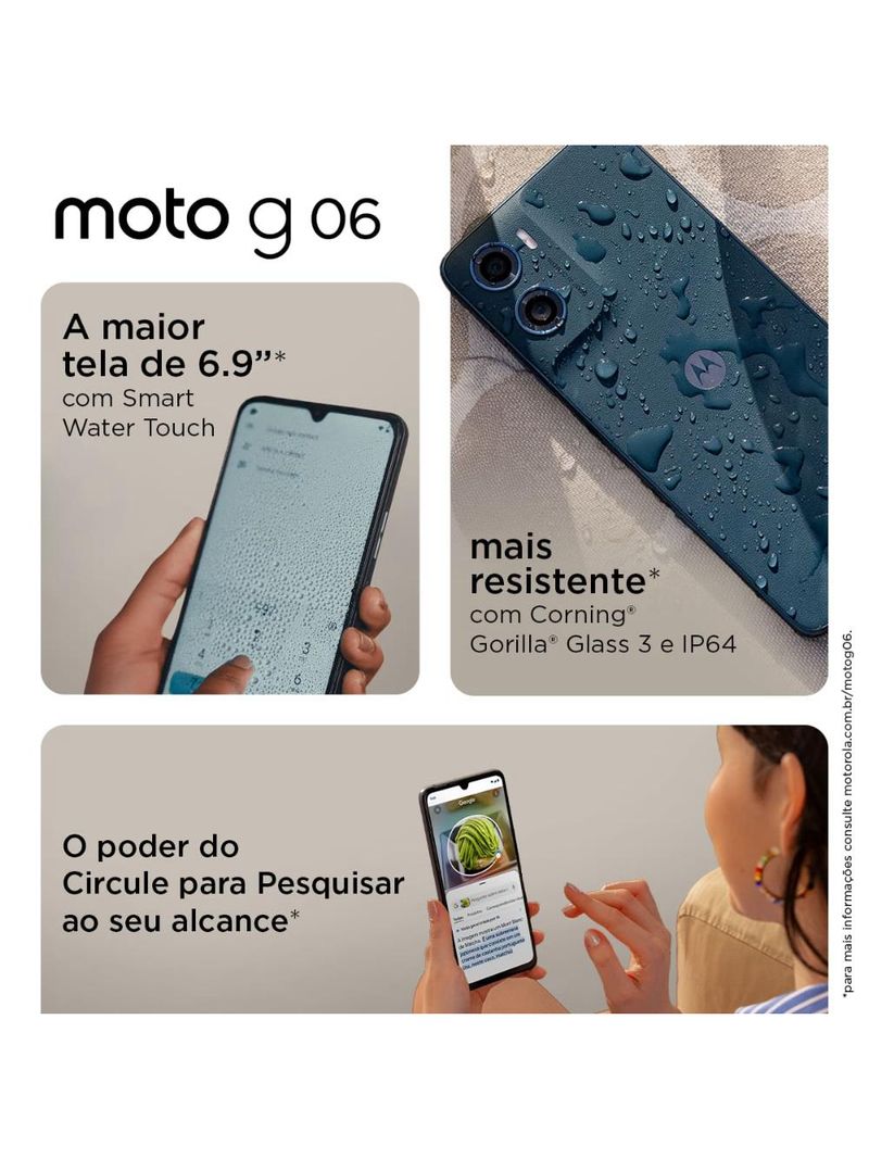 Smartphone motorola moto g06 4g tela 6,9” 256gb câmera 50mp bege
