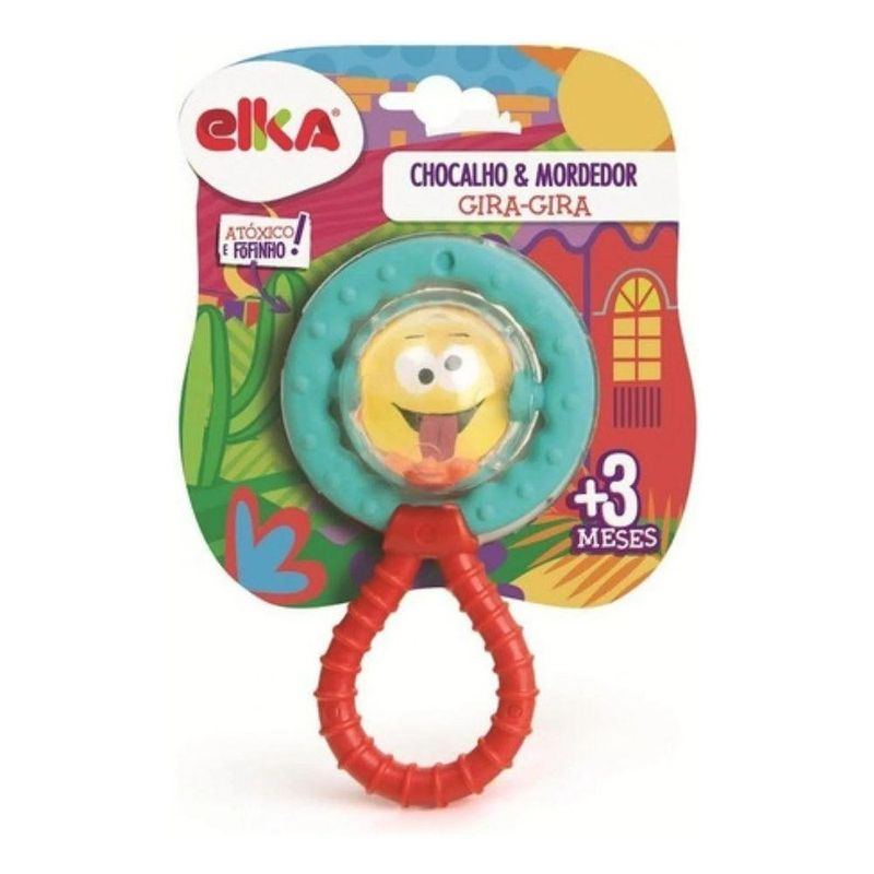 Mordedor E Chocalho Gira-gira Carinhas Colorido Baby Elka Az Azul E Vermelho