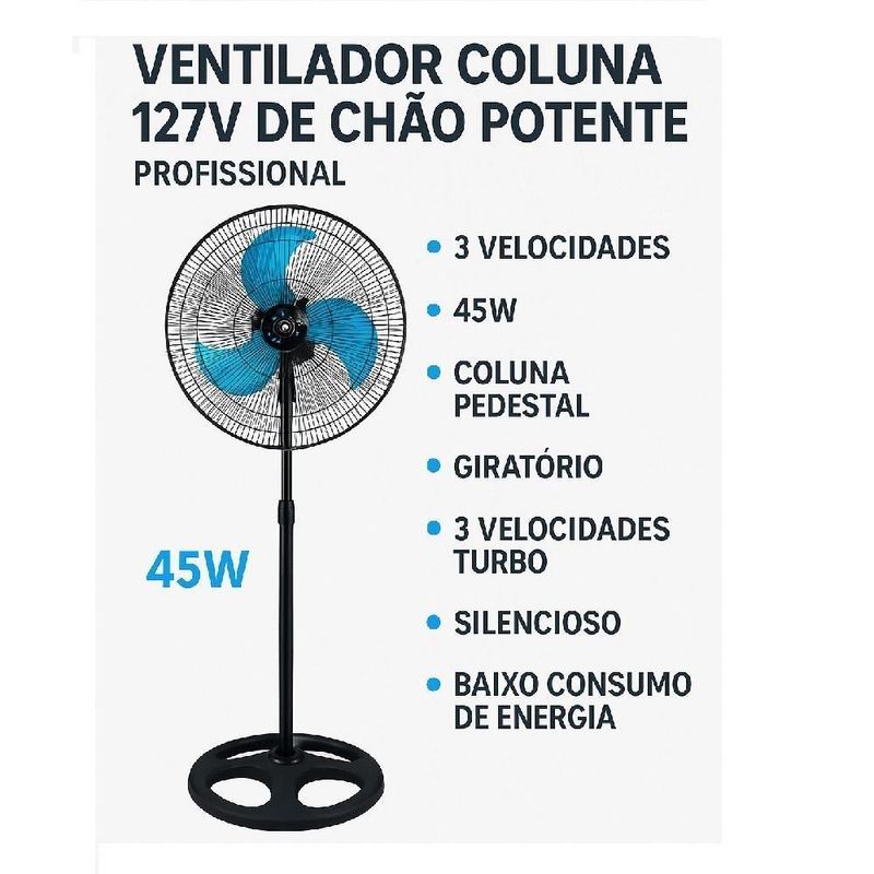 Ventilador Coluna 110V De Chao Potente Profissional 3 Velocidades 45w Coluna Pedestal Giratorio 3 Velocidades Turbo Sile