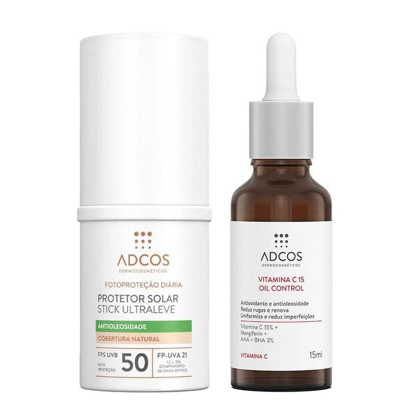 Adcos dermocosméticos kit - sérum facial + protetor solar antioleosidade stick com cor peach