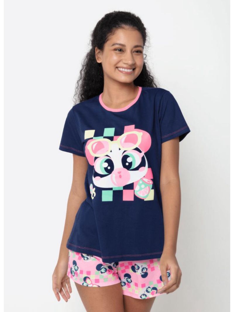 Pijama manga curta algodão feminino panda miami