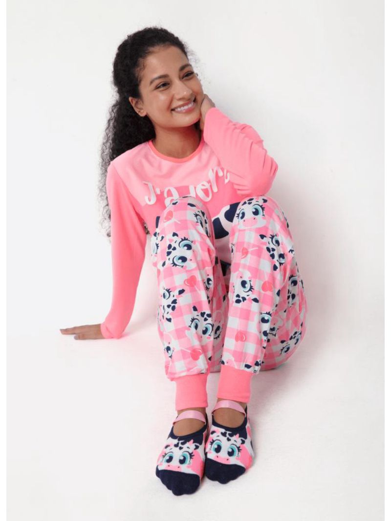 Pijama manga longa viscolycra feminino vaca romântica