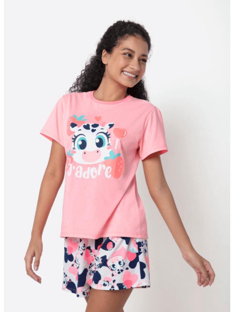 Pijama manga curta algodão feminino vaca romântica