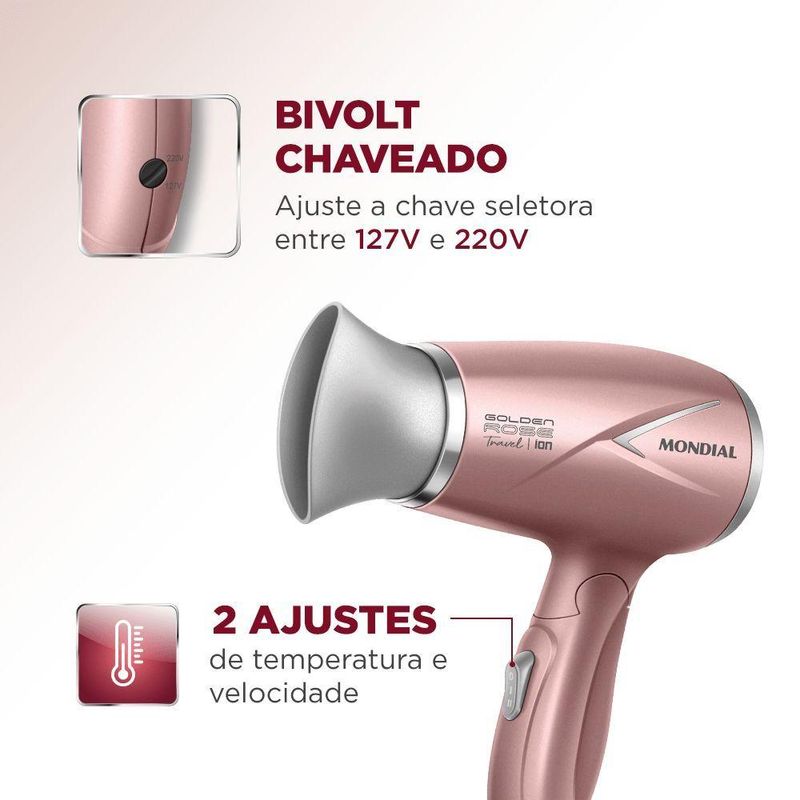 Secador De Cabelos Travel Golden Rose Mondial Bivolt