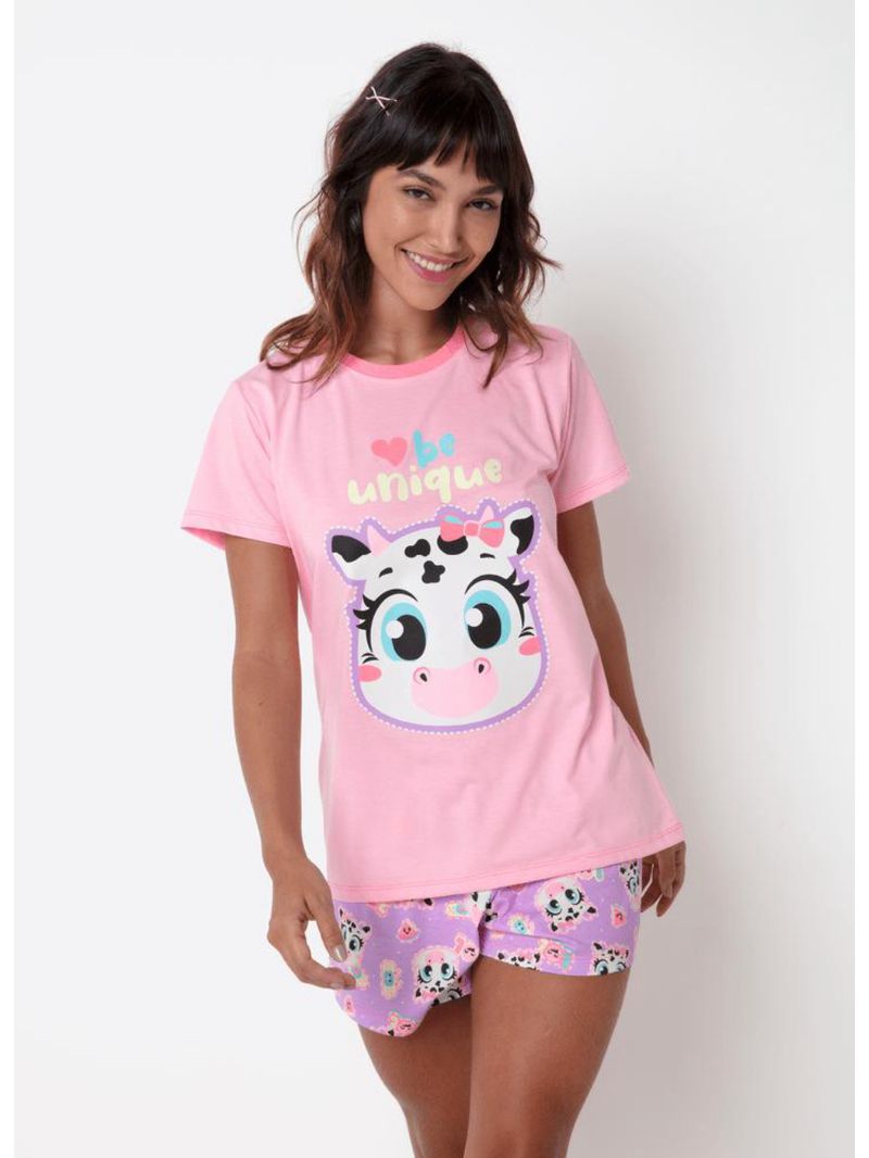 Pijama manga curta algodão feminino vaca patches