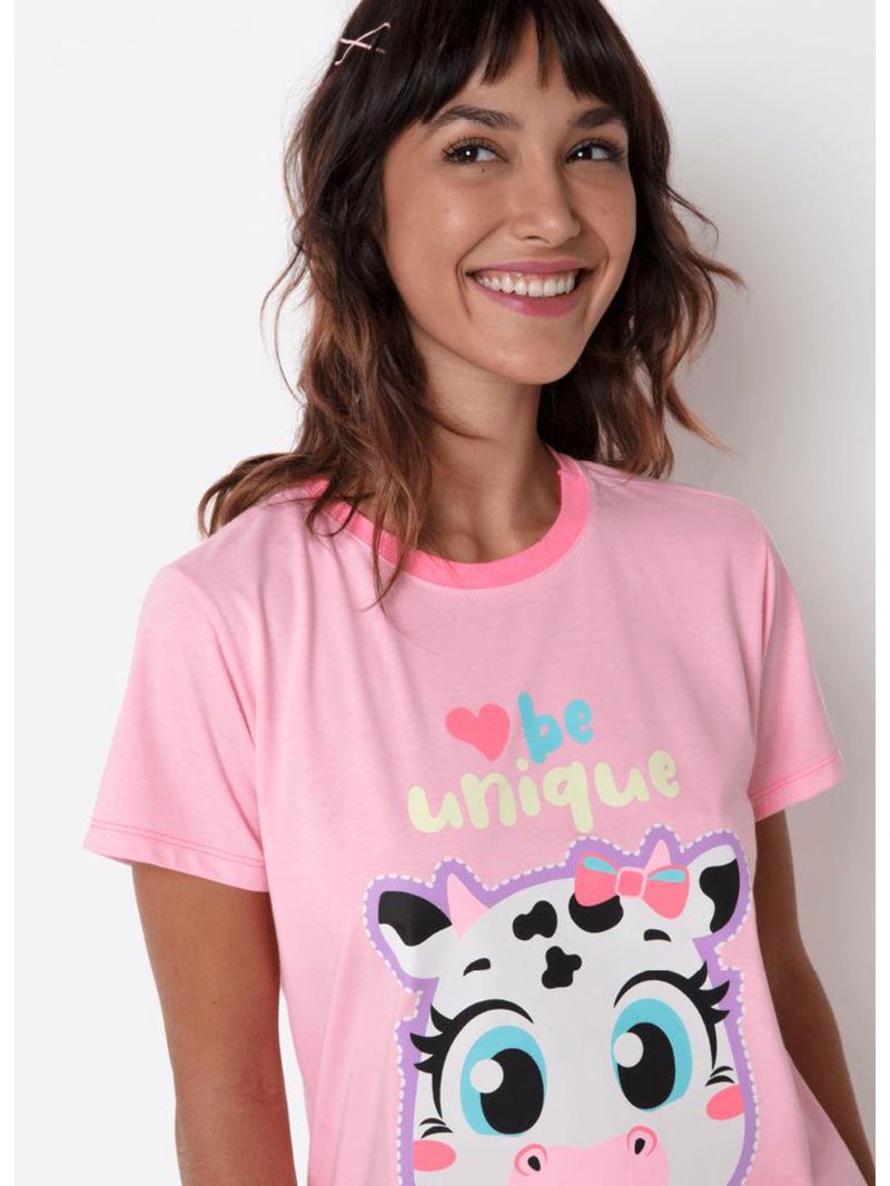 Pijama manga curta algodão feminino vaca patches