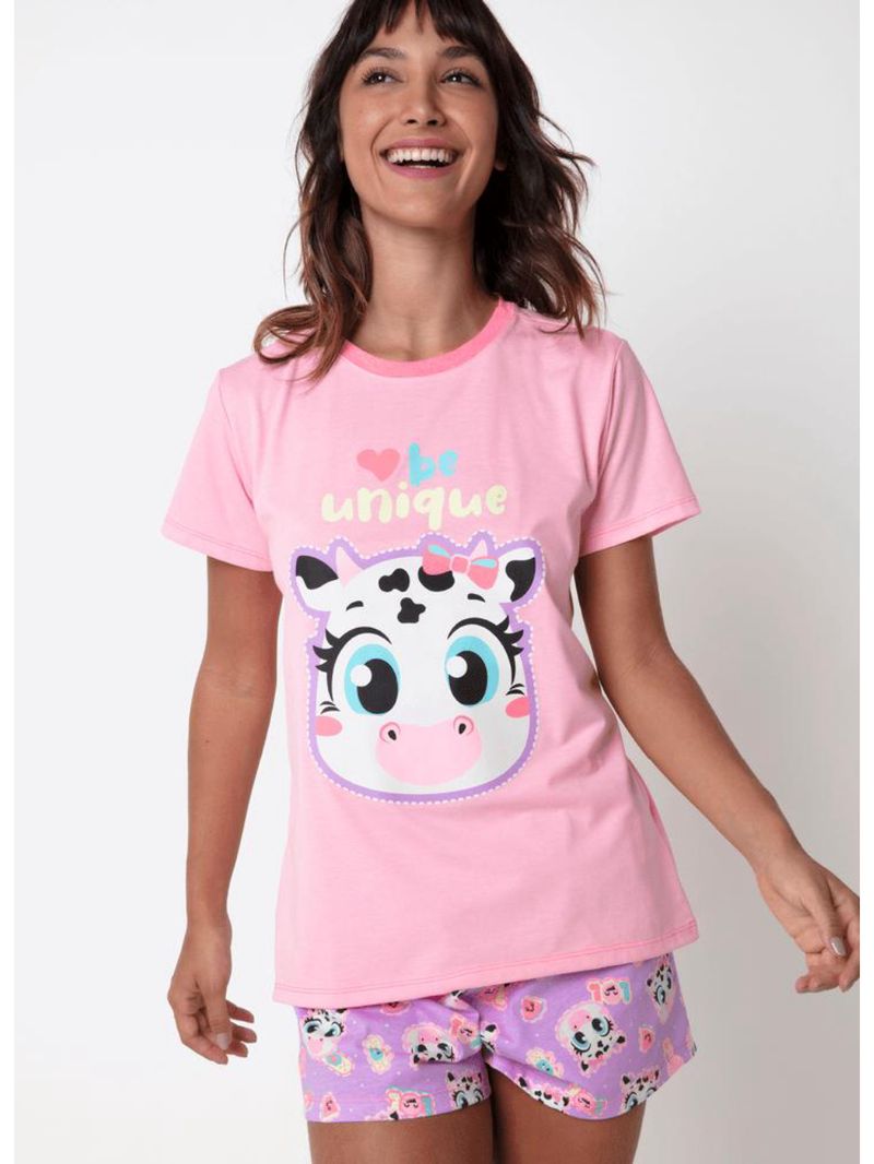 Pijama manga curta algodão feminino vaca patches
