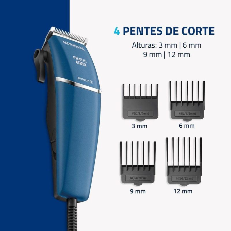 Cortador De Cabelos Pratic Style Mondial Azul 9w Cr-10-bi Bivolt