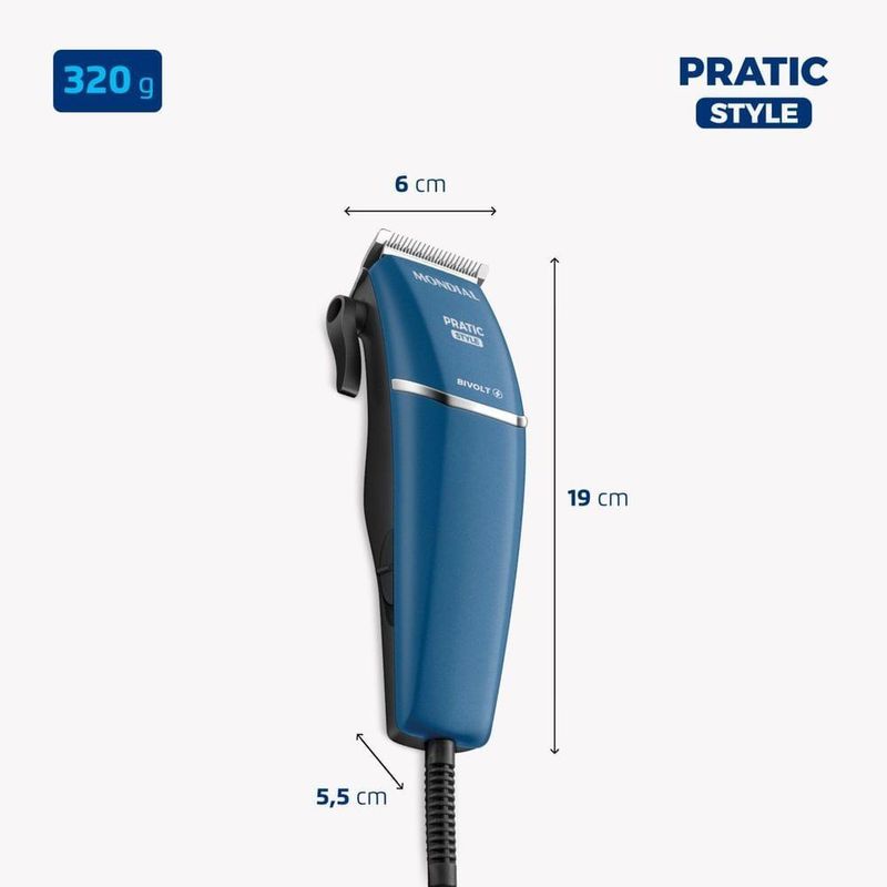 Cortador De Cabelos Pratic Style Mondial Azul 9w Cr-10-bi Bivolt