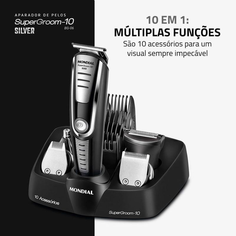 Aparador De Pelos Super Groom 10 Mondial Preto/Prata 6W BG-06 Bivolt