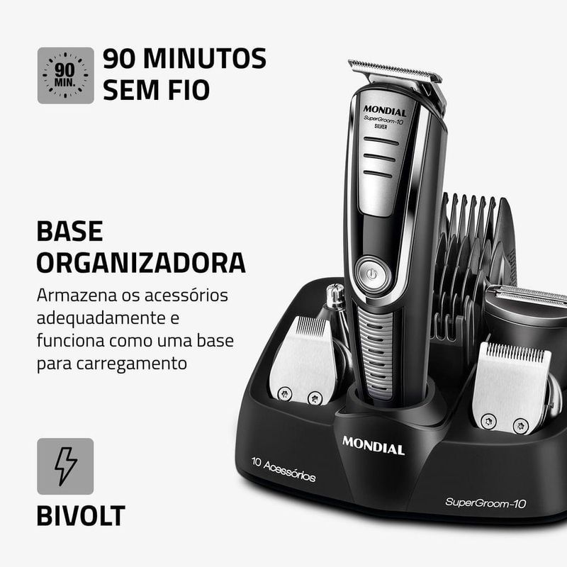 Aparador De Pelos Super Groom 10 Mondial Preto/Prata 6W BG-06 Bivolt