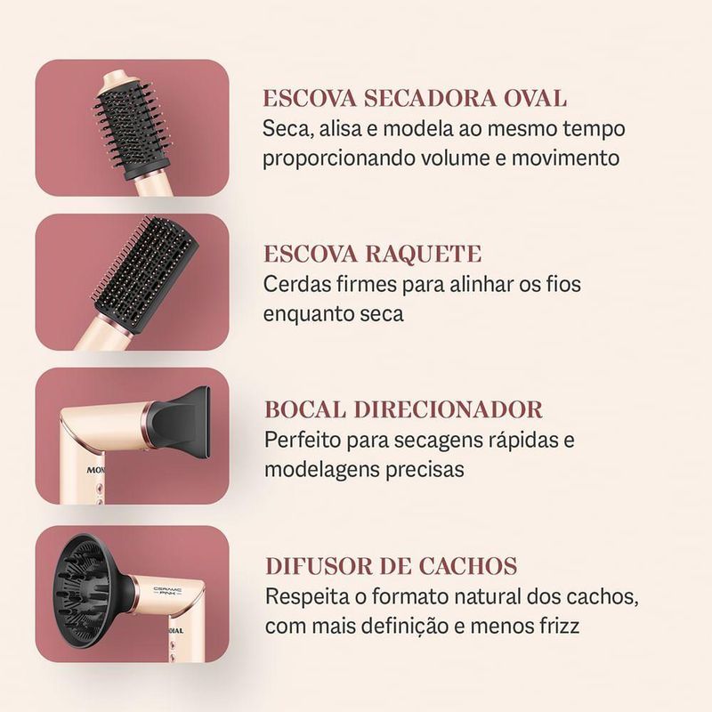 Secador Multifuncional 5 Em 1 Mondial Rosa Claro 1500W SM-01-BLDC-CP 220V