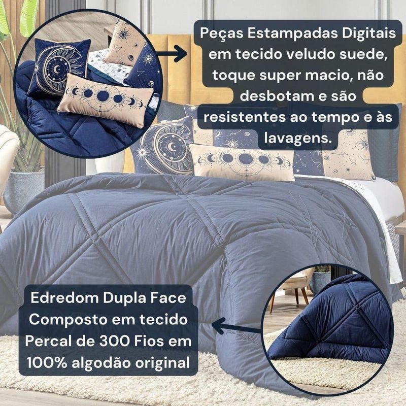 Kit Edredom King Constelações Azul Marinho Com Almofadas 07 Peças - Dupla Face Percal 300 Fios 100% Algodão Original
