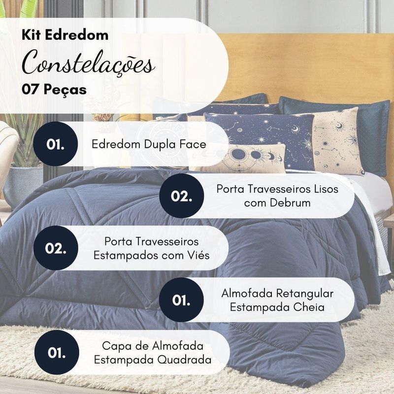 Kit Edredom King Constelações Azul Marinho Com Almofadas 07 Peças - Dupla Face Percal 300 Fios 100% Algodão Original