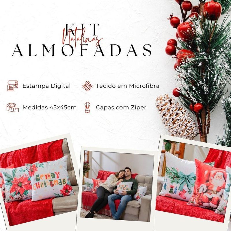 Kit Com 4 Capas De Almofadas Estampadas Natalinas 45cm X 45cm - Decorativas Festas Ceia Fim De Ano Cor Noel Vermelho