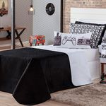 Kit Cobre Leito Colcha Solteiro Game Retrô Preto/branco Dupla Face Com Almofada Estampada 04 Peças