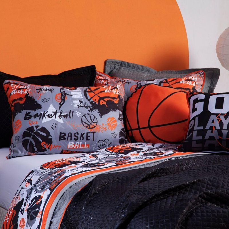 Kit Cobre Leito Colcha Casal Padrão Basquete Preto/cinza Dupla Face Com Almofadas Estampadas 07 Peças