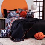 Kit Cobre Leito Colcha Casal Padrão Basquete Preto/cinza Dupla Face Com Almofadas Estampadas 07 Peças