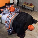 Kit Cobre Leito Colcha Casal Padrão Basquete Preto/cinza Dupla Face Com Almofadas Estampadas 07 Peças