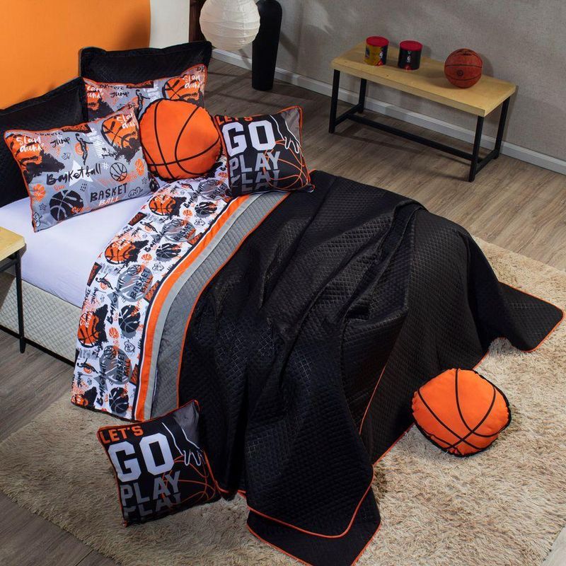 Kit Cobre Leito Colcha Casal Padrão Basquete Preto/cinza Dupla Face Com Almofadas Estampadas 07 Peças