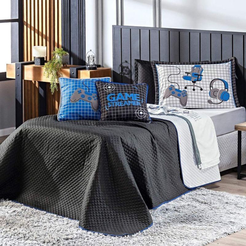 Kit Cobre Leito Colcha Queen Game Streamer Azul Dupla Face Com Almofadas Estampadas 07 Peças