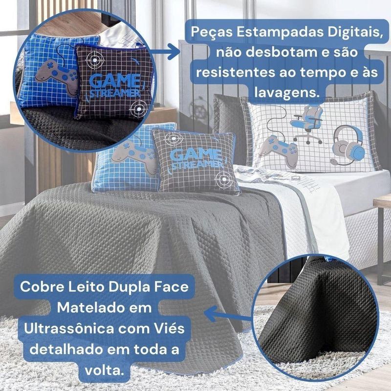 Kit Cobre Leito Colcha Queen Game Streamer Azul Dupla Face Com Almofadas Estampadas 07 Peças