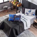 Kit Cobre Leito Colcha Queen Game Streamer Azul Dupla Face Com Almofadas Estampadas 07 Peças