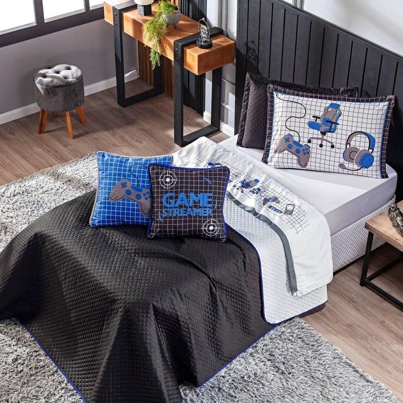 Kit Cobre Leito Colcha Queen Game Streamer Azul Dupla Face Com Almofadas Estampadas 07 Peças