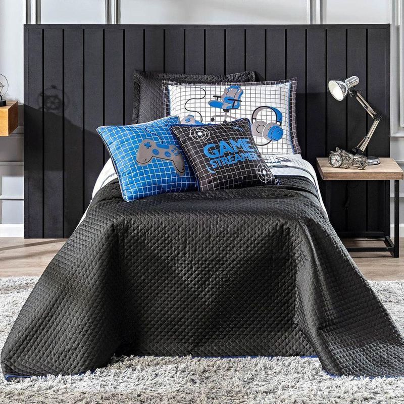 Kit Cobre Leito Colcha Queen Game Streamer Azul Dupla Face Com Almofadas Estampadas 07 Peças