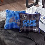 Kit Cobre Leito Colcha Queen Game Streamer Azul Dupla Face Com Almofadas Estampadas 07 Peças