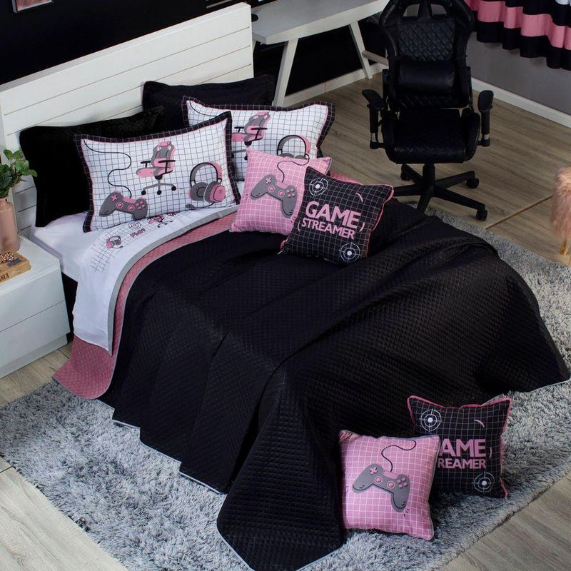 Kit Cobre Leito Colcha Casal Padrão Game Streamer Rosê Dupla Face Com Almofadas Estampadas 07 Peças