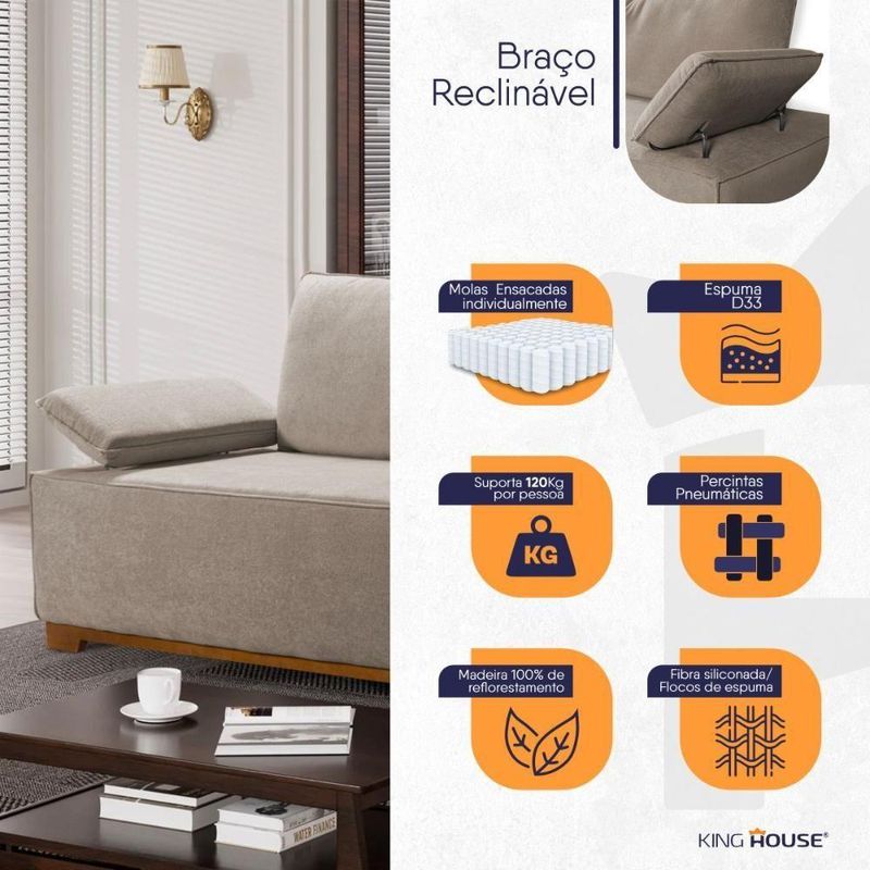 Sofá Living Braço Articulado Deluxe 2,50m Bouclê Bege
