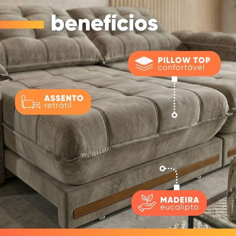 Sofá Retrátil Reclinável 5 Lugares 2,90m Bahamas Cappuccino