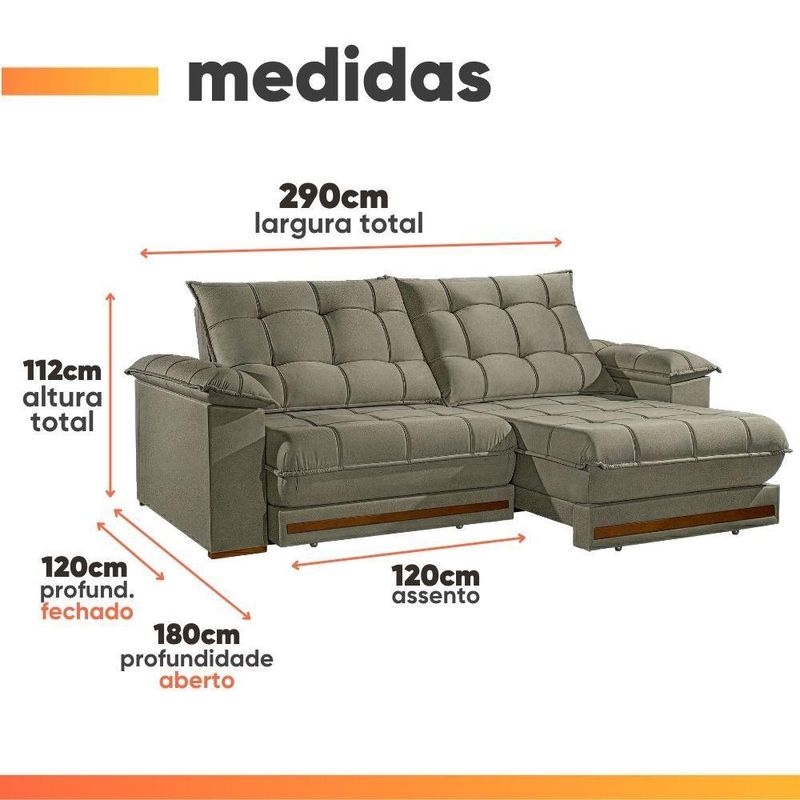 Sofá Retrátil Reclinável 5 Lugares 2,90m Bahamas Cappuccino