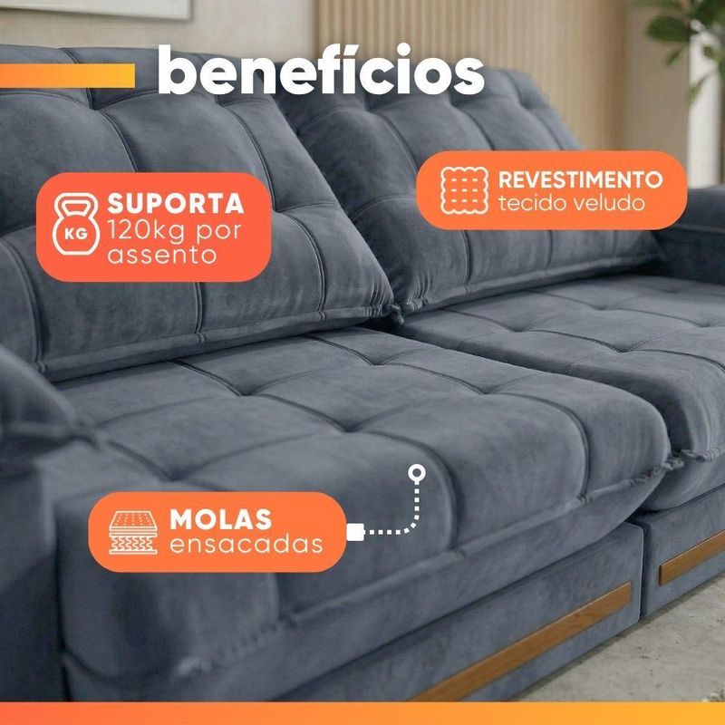 Sofá Retrátil E Reclinável 5 Lugares 2,90m Bahamas Chumbo