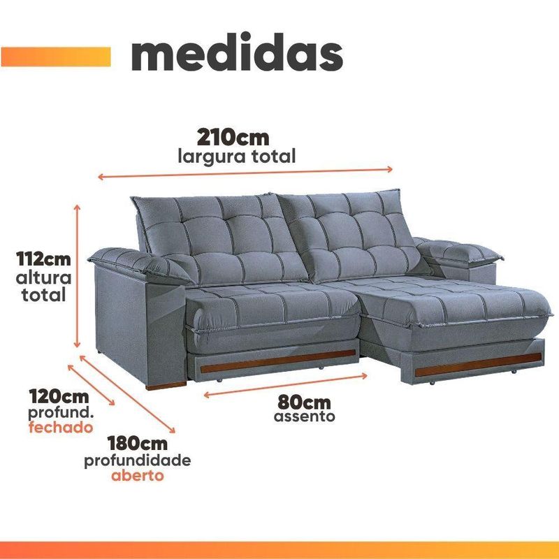 Sofá Retrátil E Reclinável 3 Lugares 2,10m Bahamas Chumbo