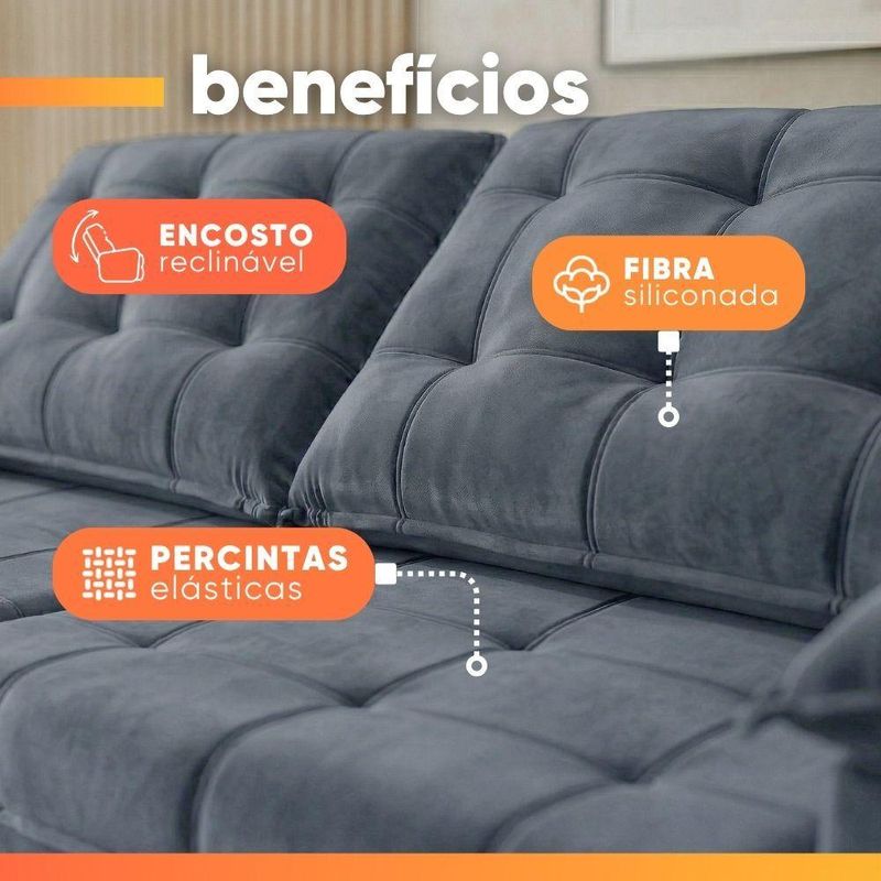 Sofá Retrátil E Reclinável 3 Lugares 2,10m Bahamas Chumbo