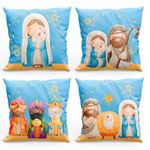 Kit Com 4 Capas De Almofadas Estampadas Natalinas 45cm X 45cm - Decorativas Festas Ceia Fim De Ano Cor Presépio Azul