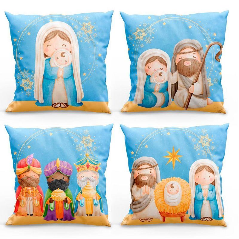 Kit Com 4 Capas De Almofadas Estampadas Natalinas 45cm X 45cm - Decorativas Festas Ceia Fim De Ano Cor Presépio Azul