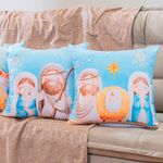Kit Com 4 Capas De Almofadas Estampadas Natalinas 45cm X 45cm - Decorativas Festas Ceia Fim De Ano Cor Presépio Azul