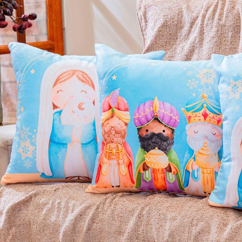 Kit Com 4 Capas De Almofadas Estampadas Natalinas 45cm X 45cm - Decorativas Festas Ceia Fim De Ano Cor Presépio Azul