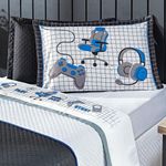 Jogo De Cama Lençol Casal Padrão Game Streamer Branco/azul Com Fronhas E Virol Estampados 04 Peças - Percal 200 Fios