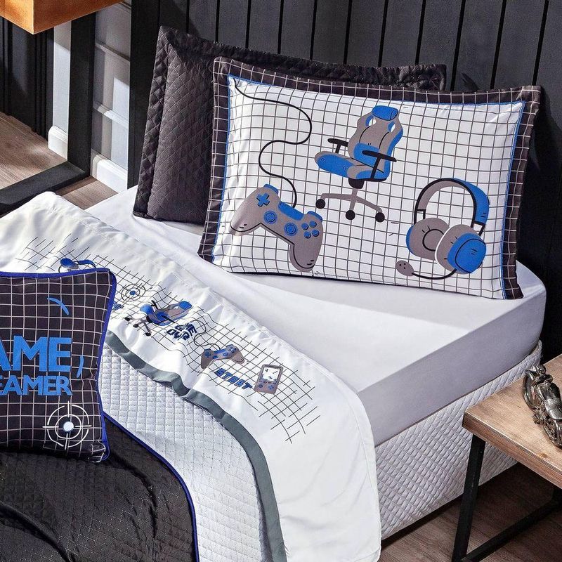 Jogo De Cama Lençol Casal Padrão Game Streamer Branco/azul Com Fronhas E Virol Estampados 04 Peças - Percal 200 Fios