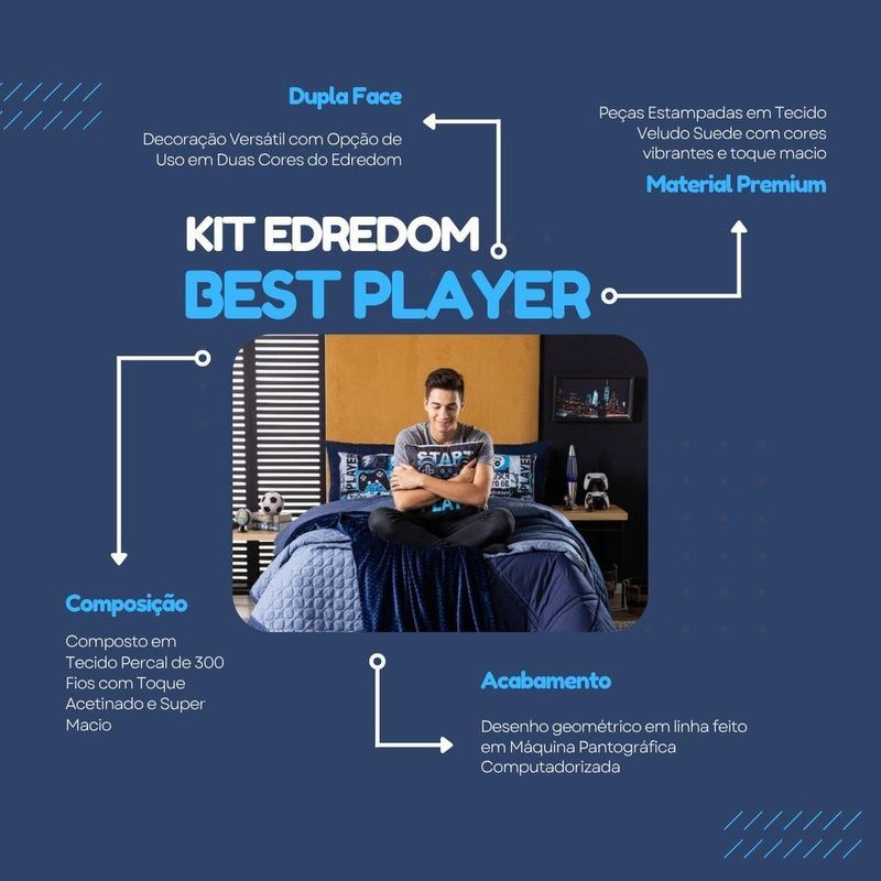 Kit Edredom Queen Best Player Azul Marinho Com Almofadas Estampadas 07 Peças - Dupla Face Percal 300 Fios