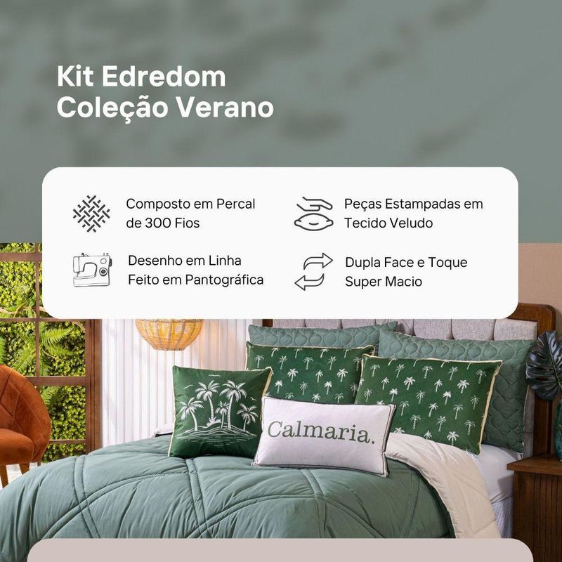 Kit Edredom Queen Verano Com Almofadas Estampadas 07 Peças - Dupla Face Percal 300 Fios Cor Coqueiro