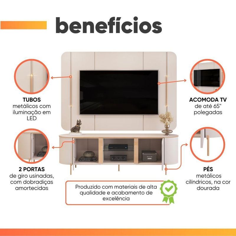 Rack Com Painel Led Tv 65" 1,80m Off White