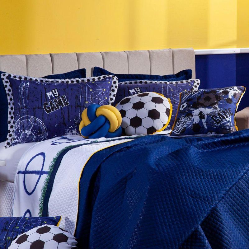 Kit Cobre Leito Colcha Queen Futebol Game Azul Marinho/branco Dupla Face Com Almofadas Estampadas 08 Peças