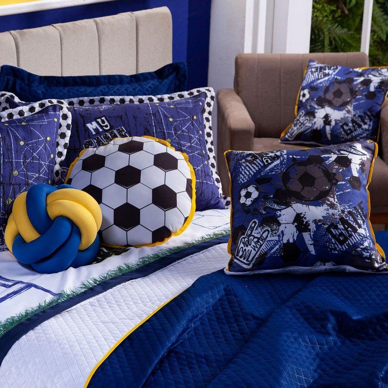 Kit Cobre Leito Colcha Queen Futebol Game Azul Marinho/branco Dupla Face Com Almofadas Estampadas 08 Peças