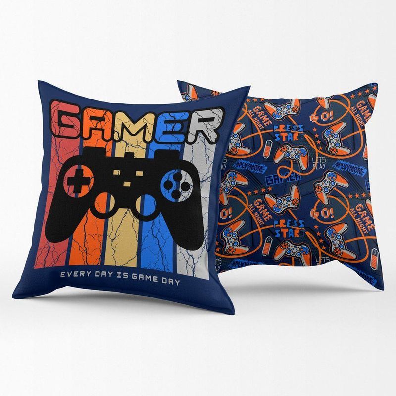 Par De Almofadas Cheias Estampadas Gamer Day Azul Marinho 45cm X 45cm - Enchimento Refil Em Silicone
