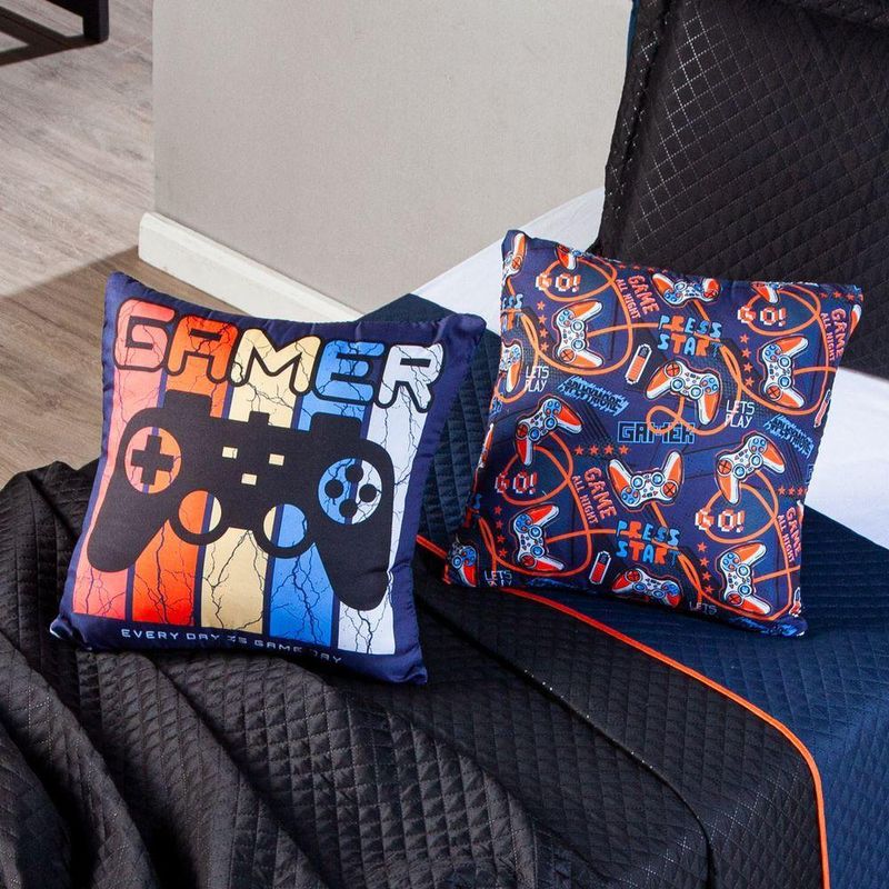 Par De Almofadas Cheias Estampadas Gamer Day Azul Marinho 45cm X 45cm - Enchimento Refil Em Silicone